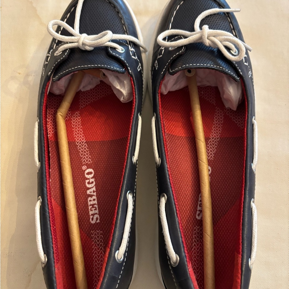 Sebago Navy Boat Shoes with White Trim